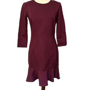 Ann Taylor Burgundy Maroon Fit And Flare Dress Ruffle Bottom‎ Size 0 NWT